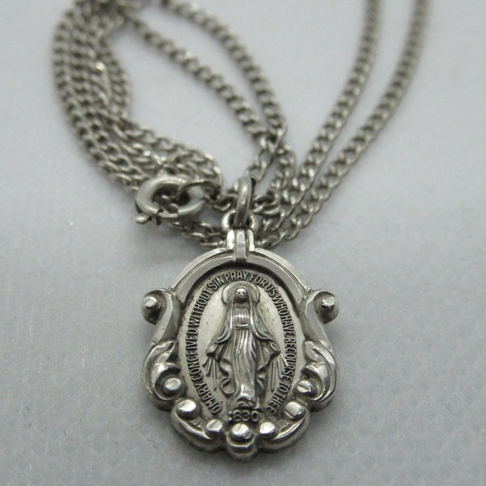 Vintage Miraculous Sterling Silver Medal Necklace